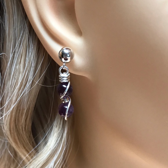 Amethyst Earrings- Amethyst Dangle Earrings On Sterling Silver Ball Posts - Picture 3 of 4